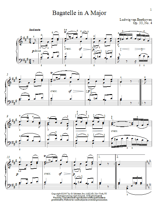 Ludwig van Beethoven Bagatelle In A Major, Op. 33, No. 4 sheet music notes and chords arranged for Piano Solo