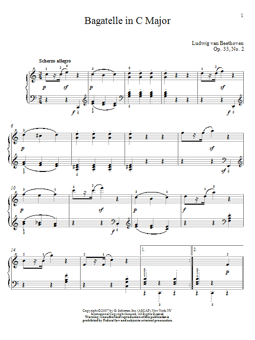 Ludwig van Beethoven Bagatelle In C Major, Op. 33, No. 2 sheet music notes and chords arranged for Piano Solo