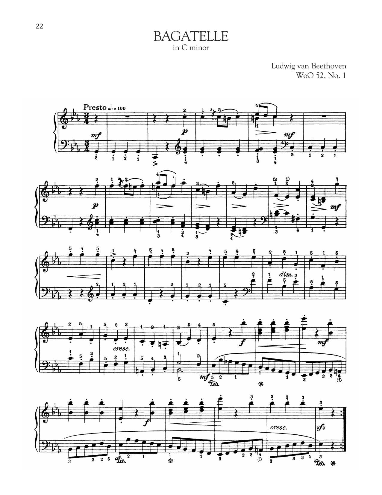 Ludwig van Beethoven Bagatelle In C Minor, WoO 52 sheet music notes and chords arranged for Piano Solo