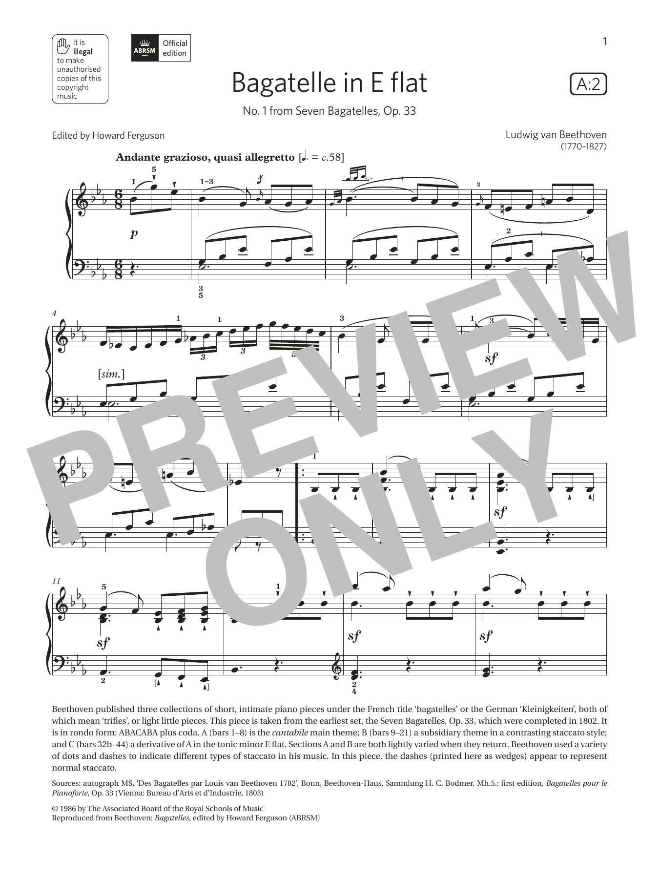 Ludwig van Beethoven Bagatelle in E flat (Grade 7, list A2, from the ABRSM Piano Syllabus 2021 & 2022) sheet music notes and chords arranged for Piano Solo