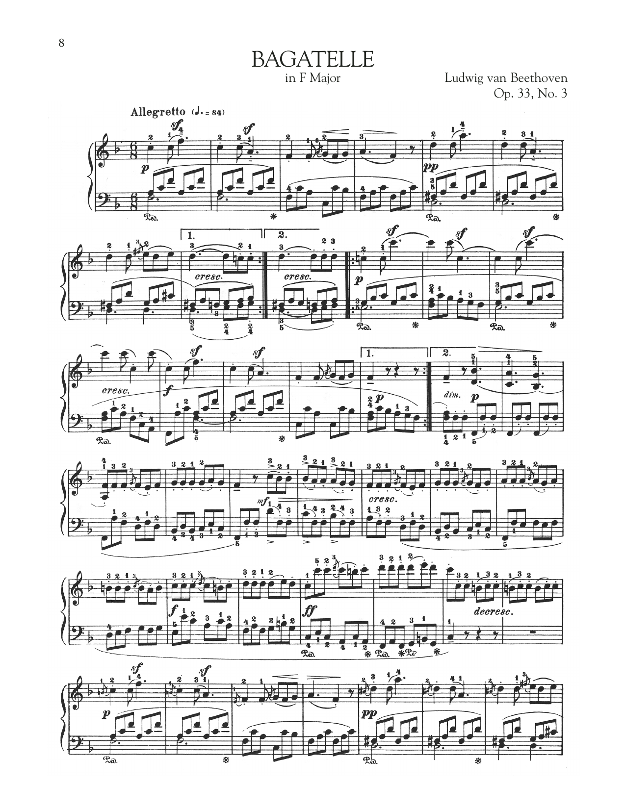 Ludwig van Beethoven Bagatelle In F Major, Op. 33, No. 3 sheet music notes and chords arranged for Piano Solo