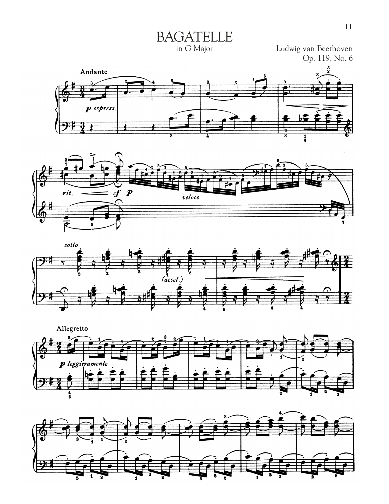 Ludwig van Beethoven Bagatelle In G Major, Op. 119, No. 6 sheet music notes and chords arranged for Piano Solo