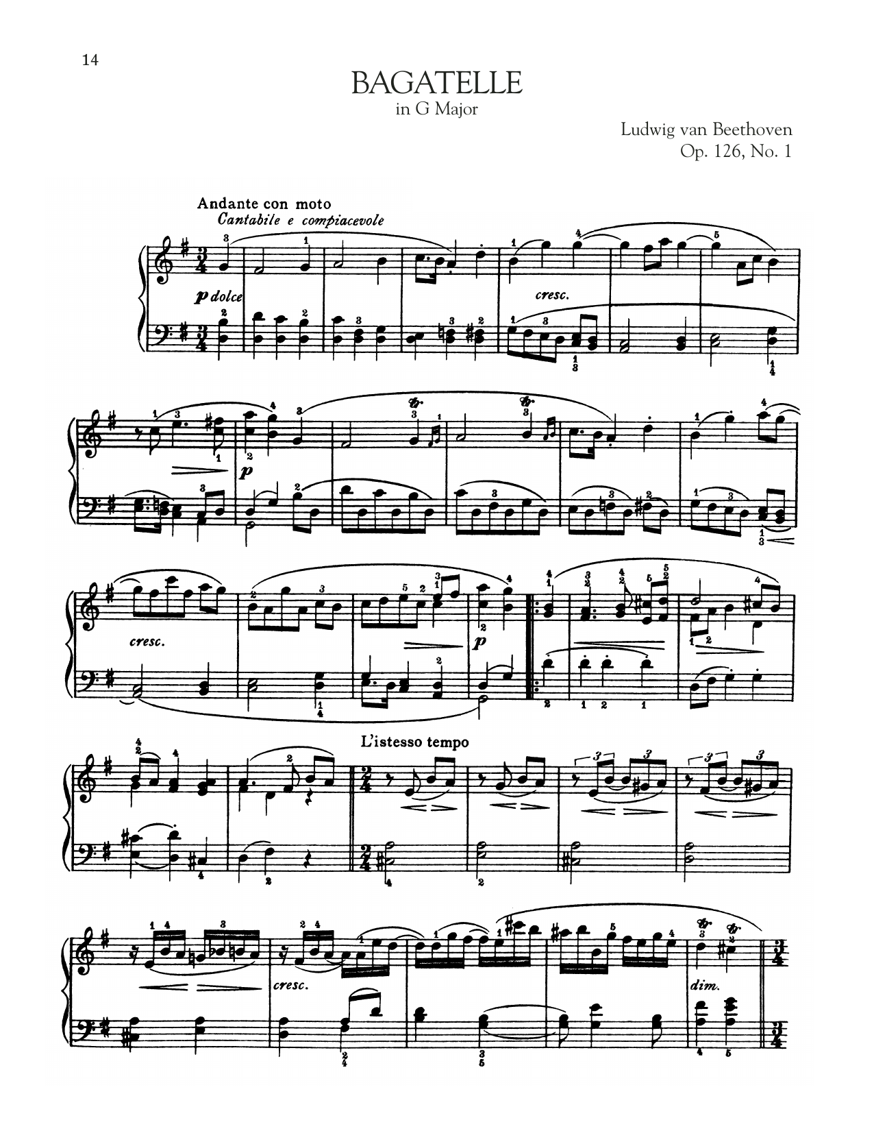 Ludwig van Beethoven Bagatelle In G Major, Op. 126, No. 1 sheet music notes and chords arranged for Piano Solo