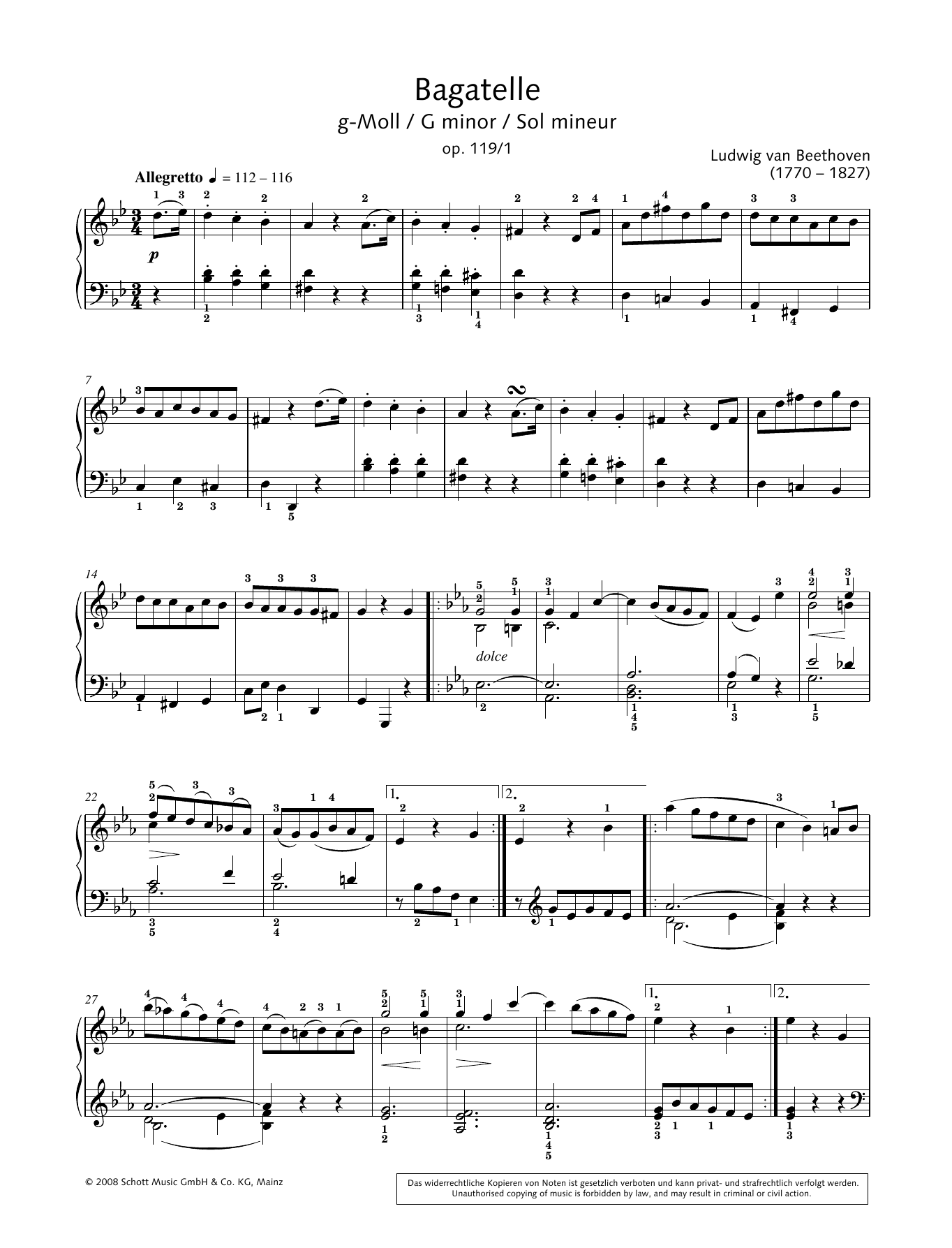Ludwig van Beethoven Bagatelle in G minor sheet music notes and chords arranged for Piano Solo