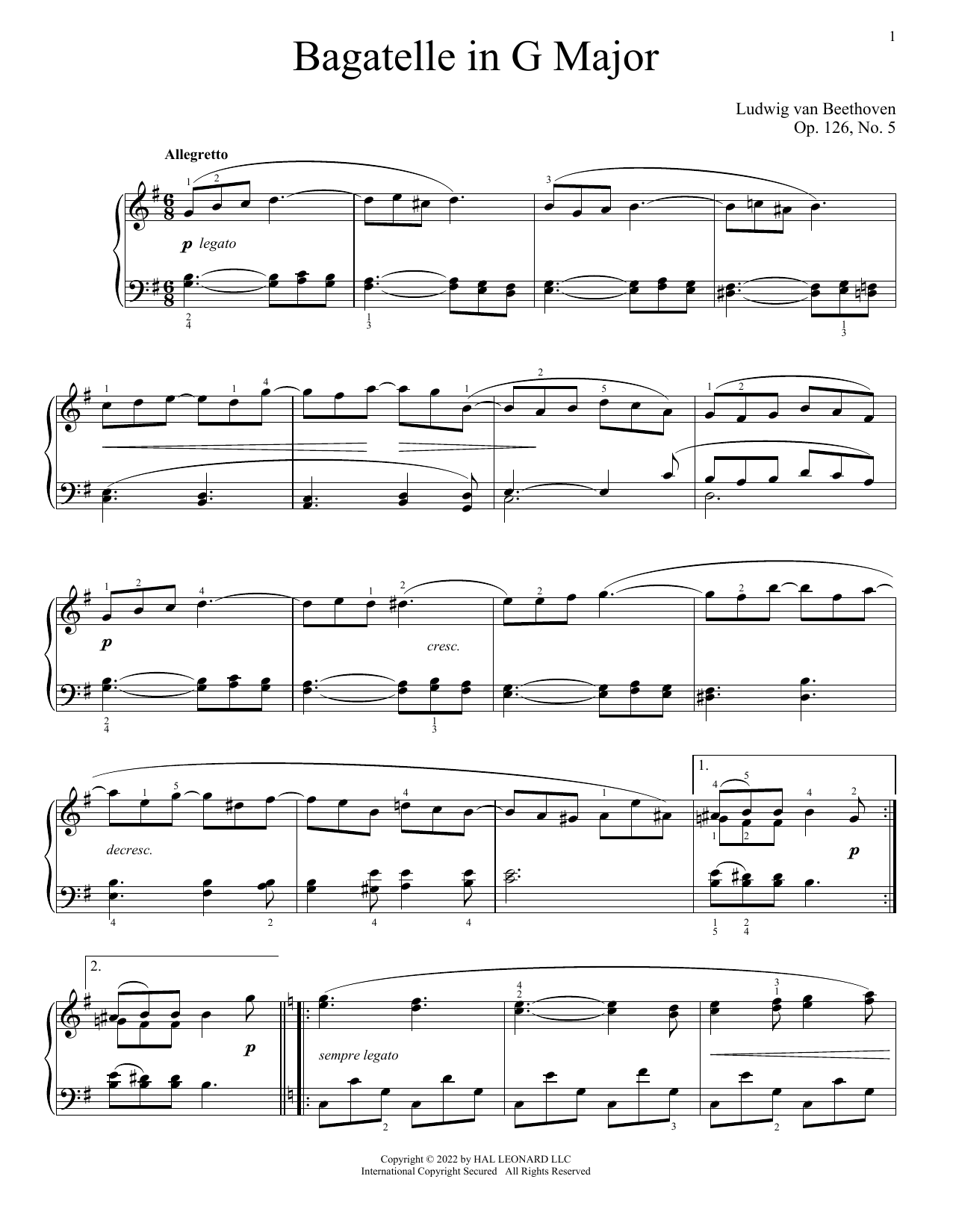Ludwig van Beethoven Bagatelle in G, Op. 126, No. 5 sheet music notes and chords arranged for Piano Solo