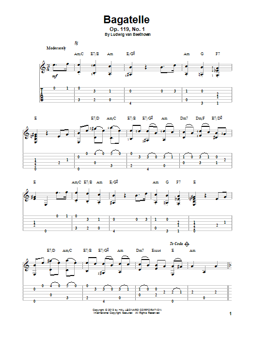 Ludwig van Beethoven Bagatelle, Op. 119, No. 1 sheet music notes and chords arranged for Solo Guitar