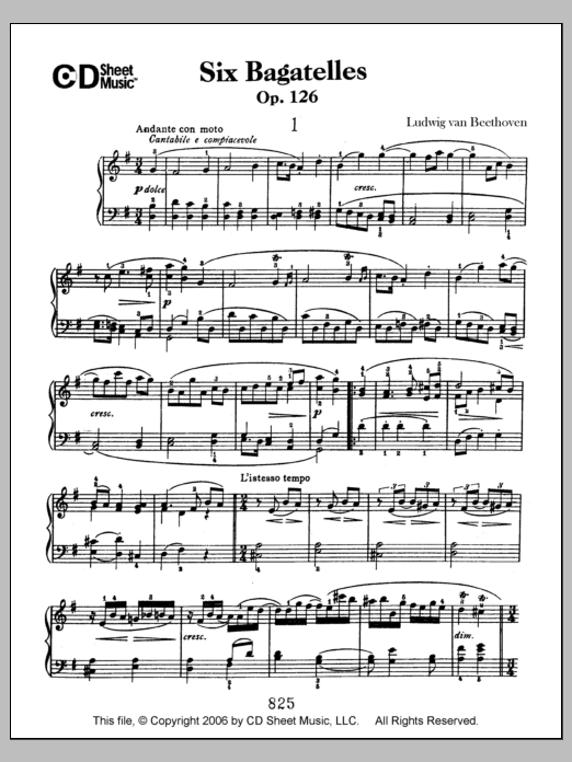 Ludwig van Beethoven Bagatelles (6), Op. 126 sheet music notes and chords arranged for Piano Solo