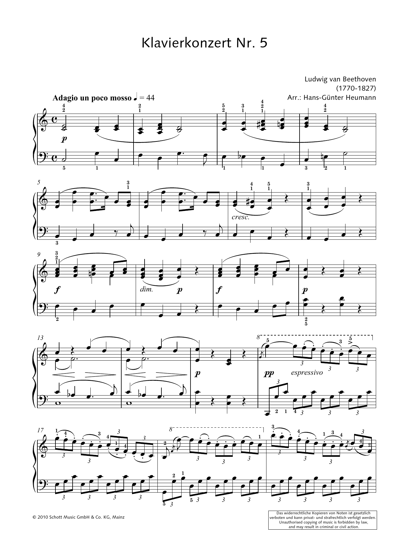 Ludwig van Beethoven Concerto for Piano and Orchestra No. 5 in E-flat major sheet music notes and chords arranged for Piano Solo