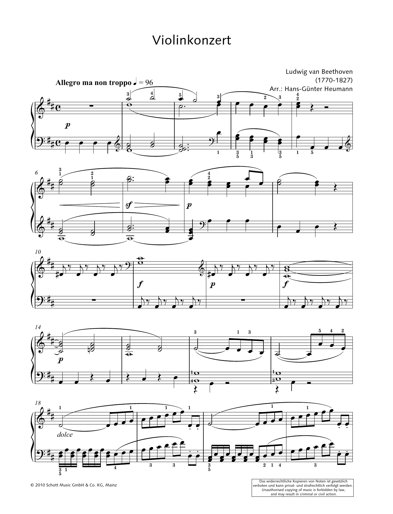 Ludwig van Beethoven Concerto for Violin and Orchestra in D major sheet music notes and chords arranged for Piano Solo