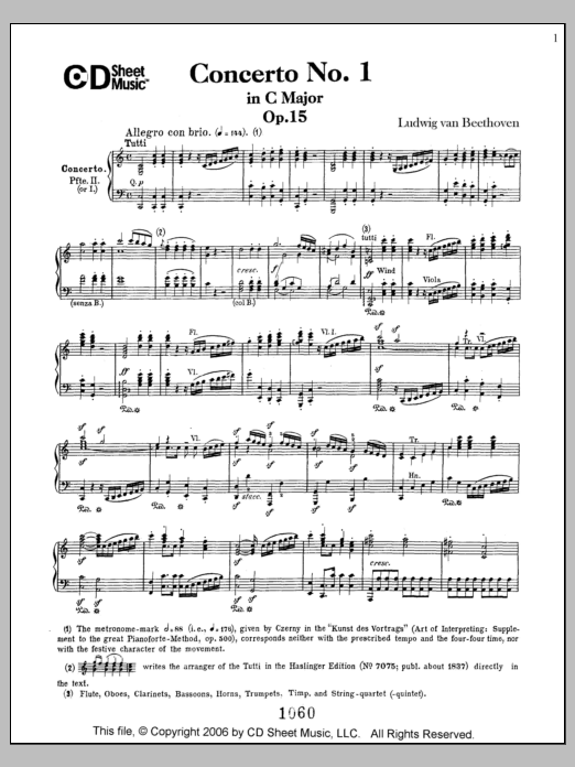 Ludwig van Beethoven Concerto No. 1  in C Major, Op. 15 sheet music notes and chords arranged for Piano Solo