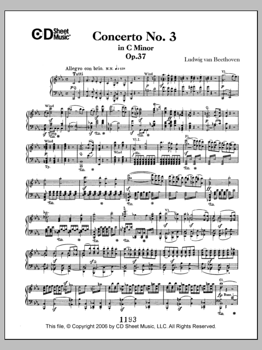 Ludwig van Beethoven Concerto No. 3 in C Minor, Op. 37 sheet music notes and chords arranged for Piano Solo