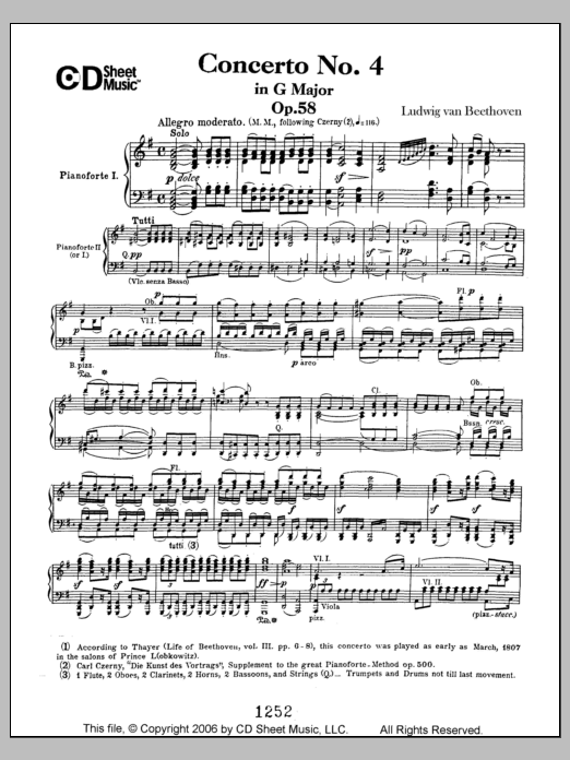 Ludwig van Beethoven Concerto No. 4 In G Major, Op. 58 sheet music notes and chords arranged for Piano Solo