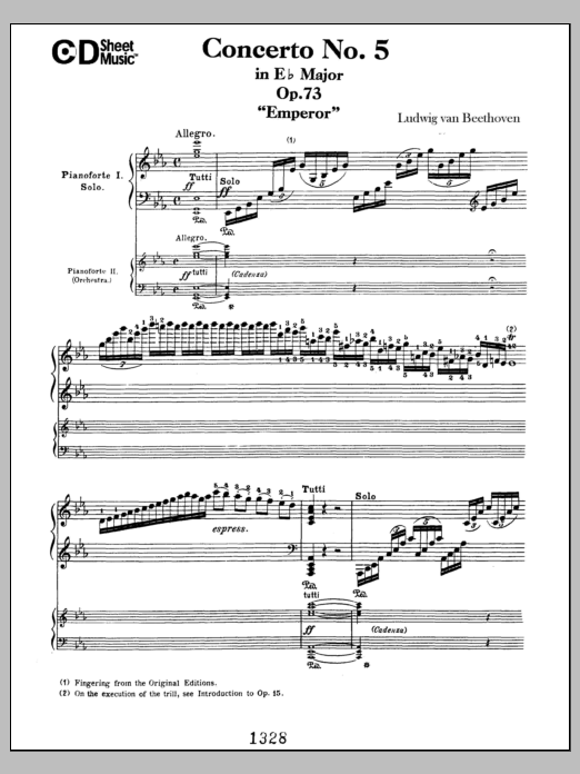 Ludwig van Beethoven Concerto No. 5 In E-flat Major (emperor), Op. 73 sheet music notes and chords arranged for Piano Solo
