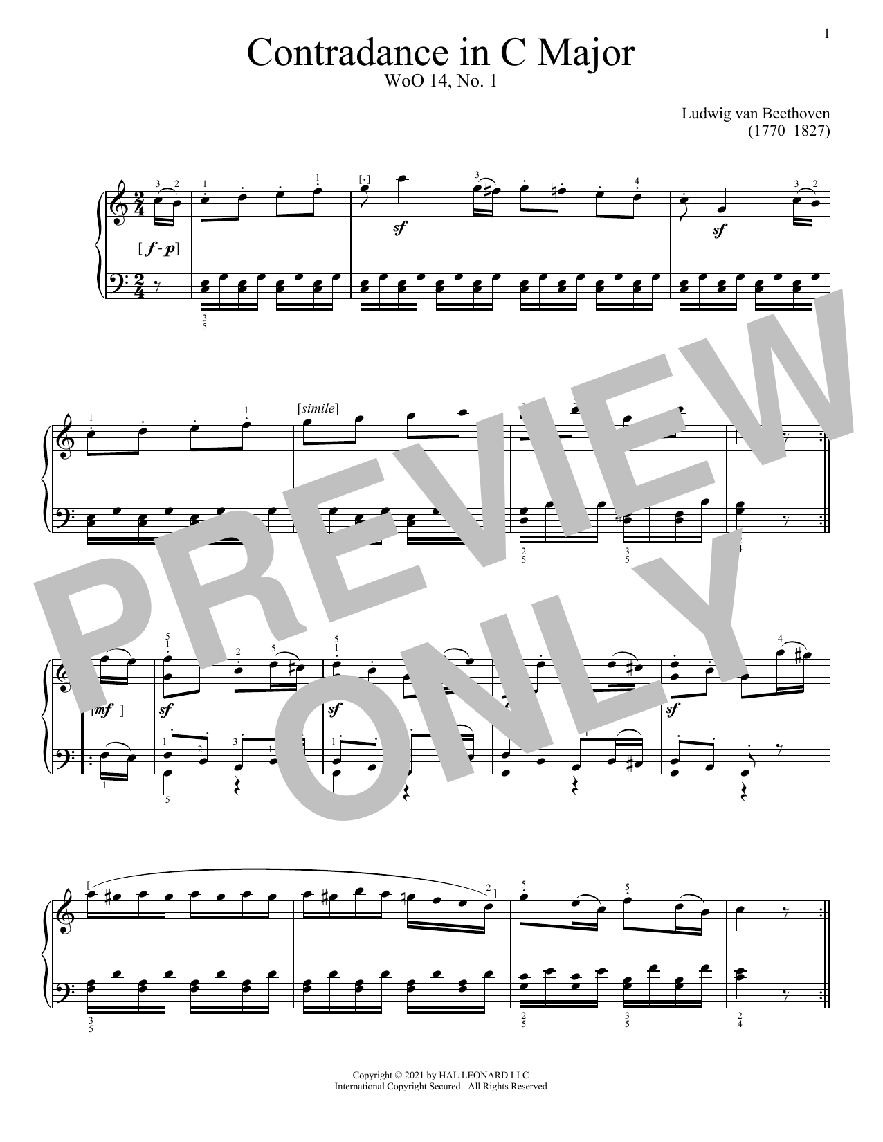 Ludwig van Beethoven Contredance In C Major, WoO 14, No. 1 sheet music notes and chords arranged for Piano Solo