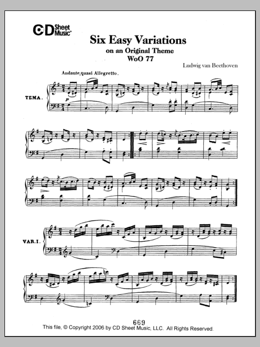Ludwig van Beethoven Easy (6) Variations On An Original Theme, Woo 77 sheet music notes and chords arranged for Piano Solo