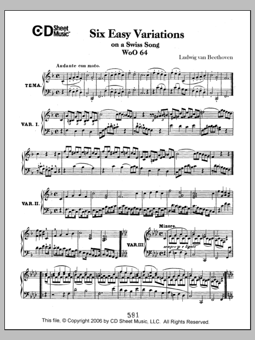 Ludwig van Beethoven Easy Variations (6) On A Swiss Song, Woo 64 sheet music notes and chords arranged for Piano Solo