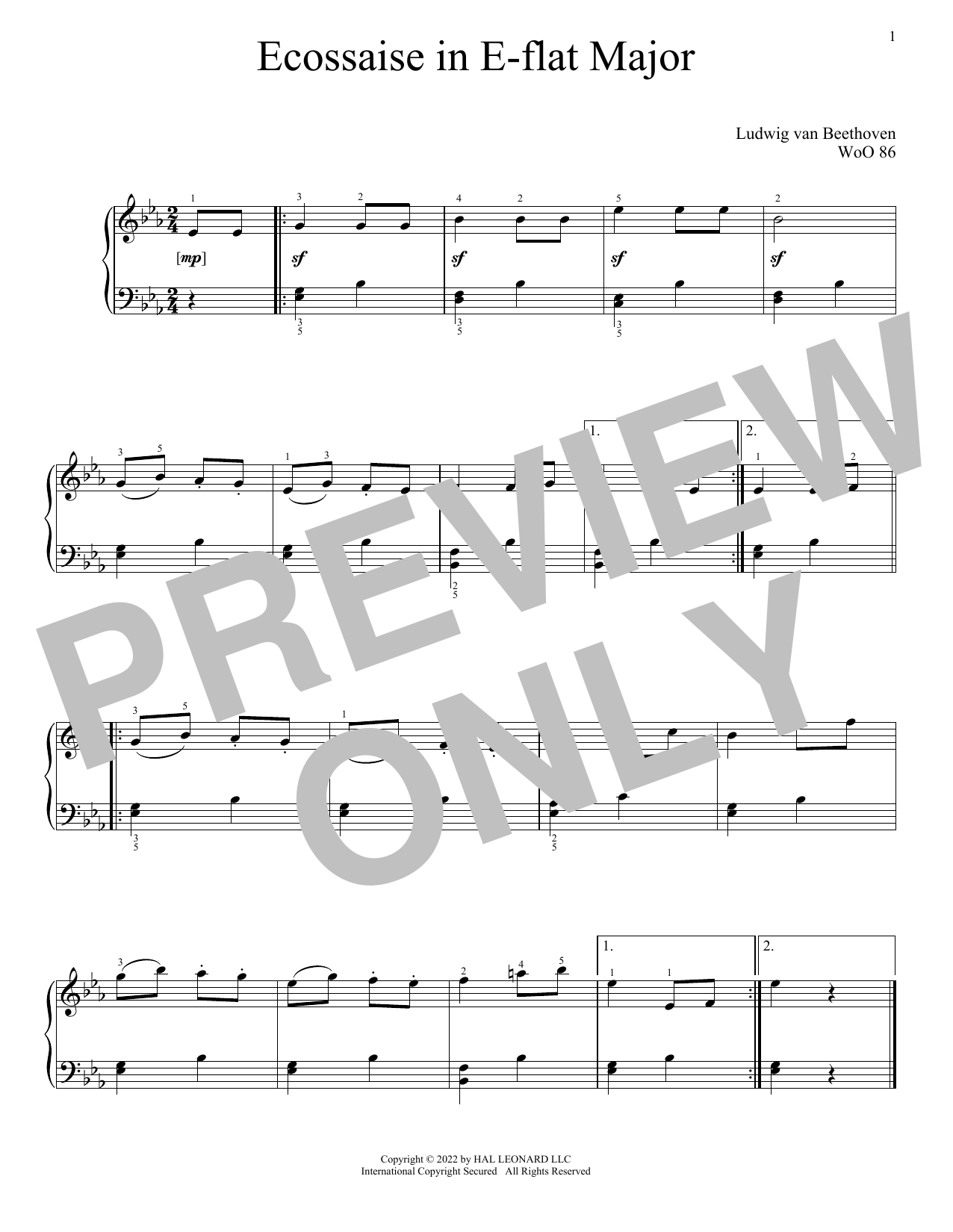 Ludwig van Beethoven Eccossaise In E-Flat Major, WoO 86 sheet music notes and chords arranged for Piano Solo