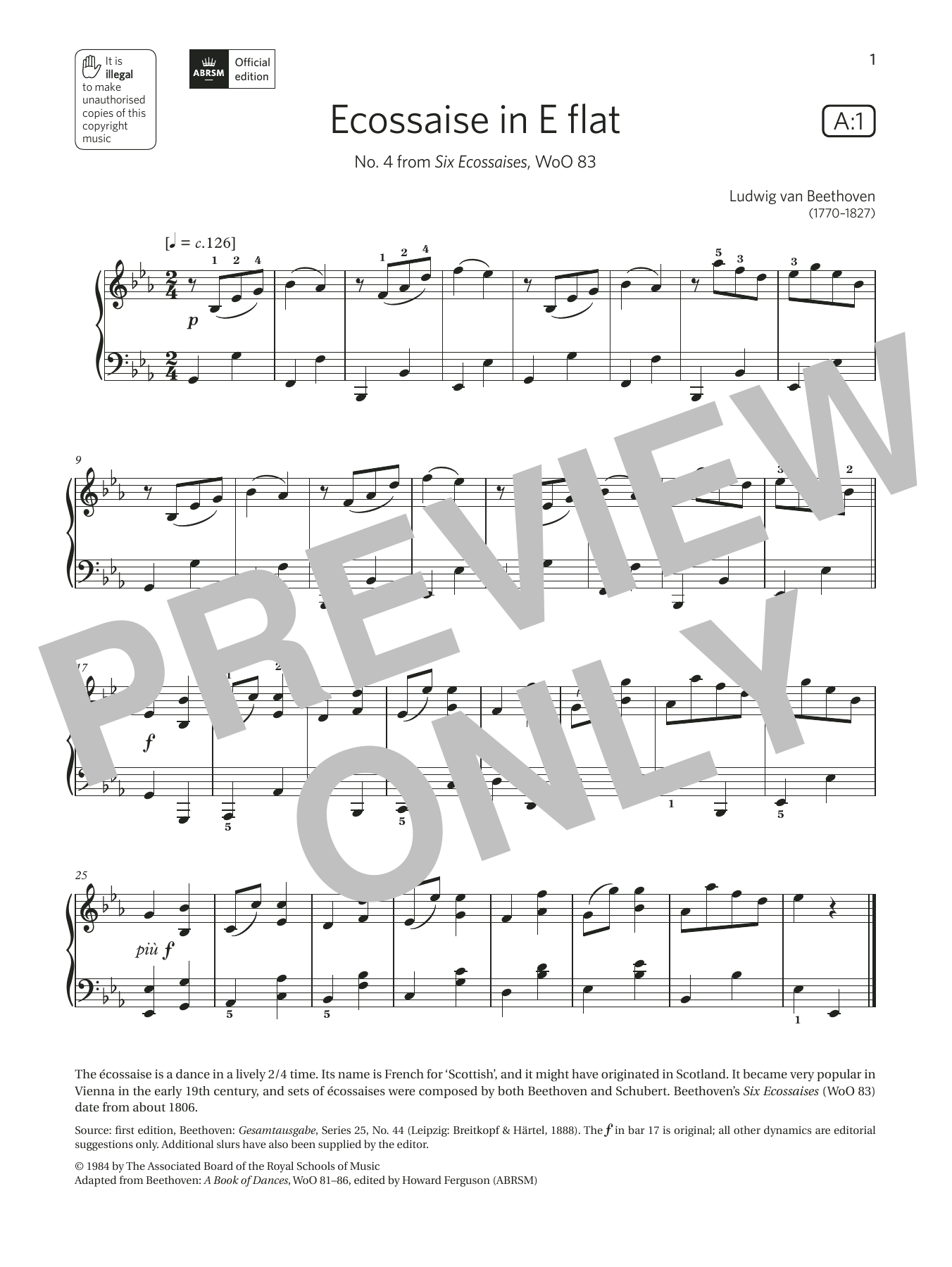 Ludwig van Beethoven Ecossaise in E flat (Grade 3, list A1, from the ABRSM Piano Syllabus 2021 & 2022) sheet music notes and chords arranged for Piano Solo