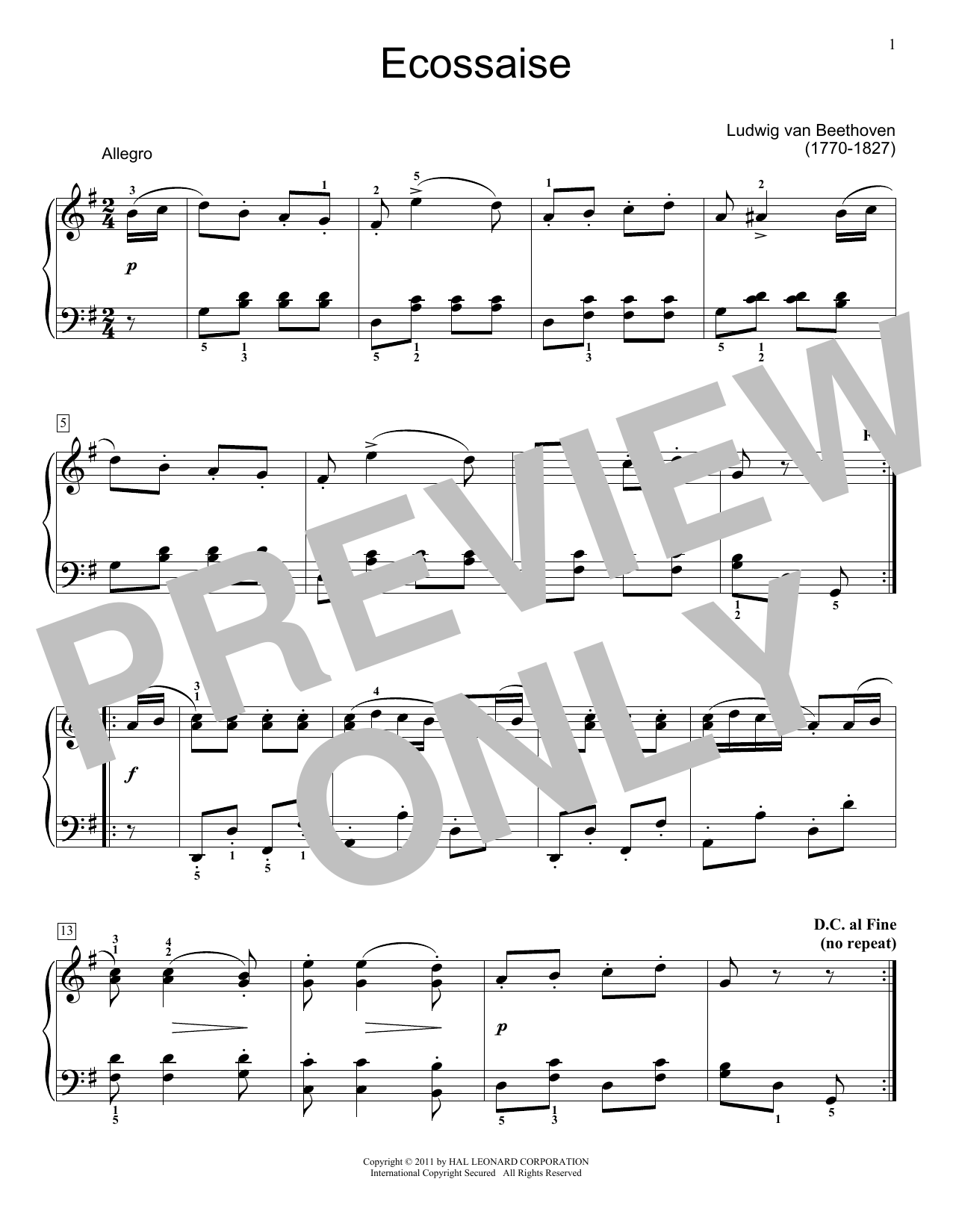 Ludwig van Beethoven Ecossaise in G major sheet music notes and chords arranged for Piano Solo