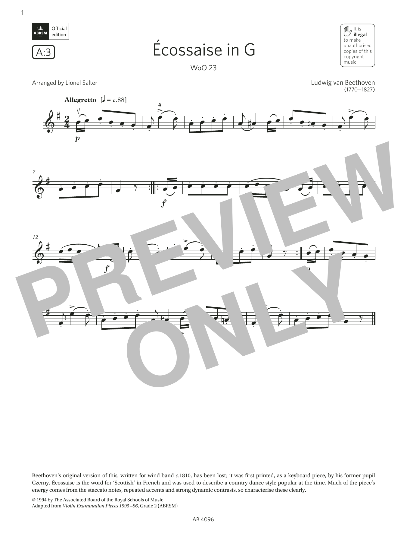 Ludwig van Beethoven Écossaise in G, WoO 23 (Grade 2, A3, from the ABRSM Violin Syllabus from 2024) sheet music notes and chords arranged for Violin Solo