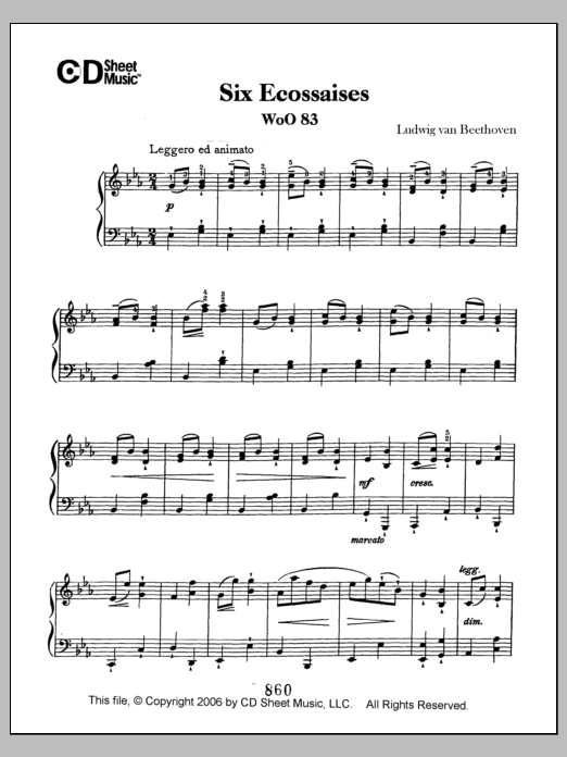 Ludwig van Beethoven Ecossaises (6), Woo 83 sheet music notes and chords arranged for Piano Solo