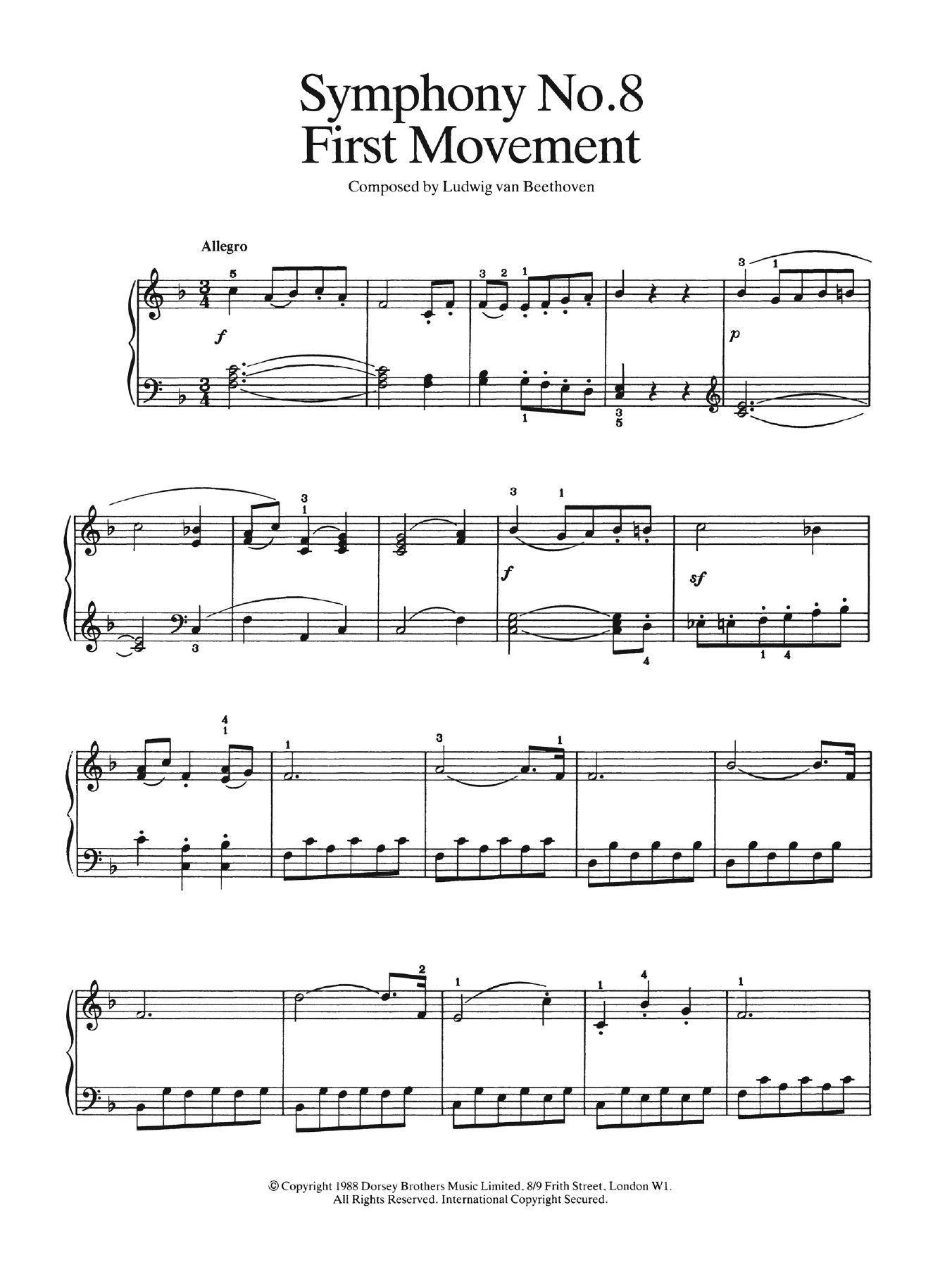 Ludwig van Beethoven First Movement (from Symphony No. 8 In F Major, Op. 93) sheet music notes and chords arranged for Easy Piano