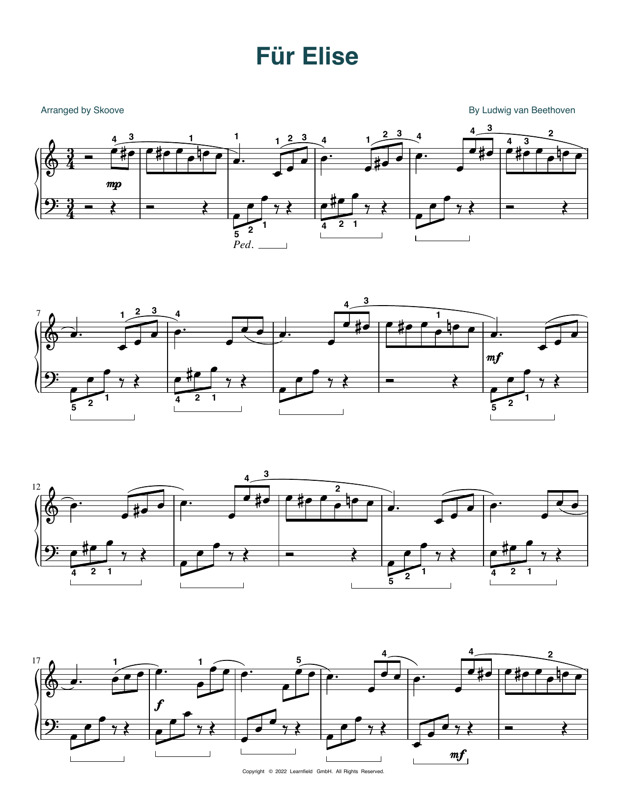 Ludwig van Beethoven Fur Elise (arr. Skoove) sheet music notes and chords arranged for Piano Solo