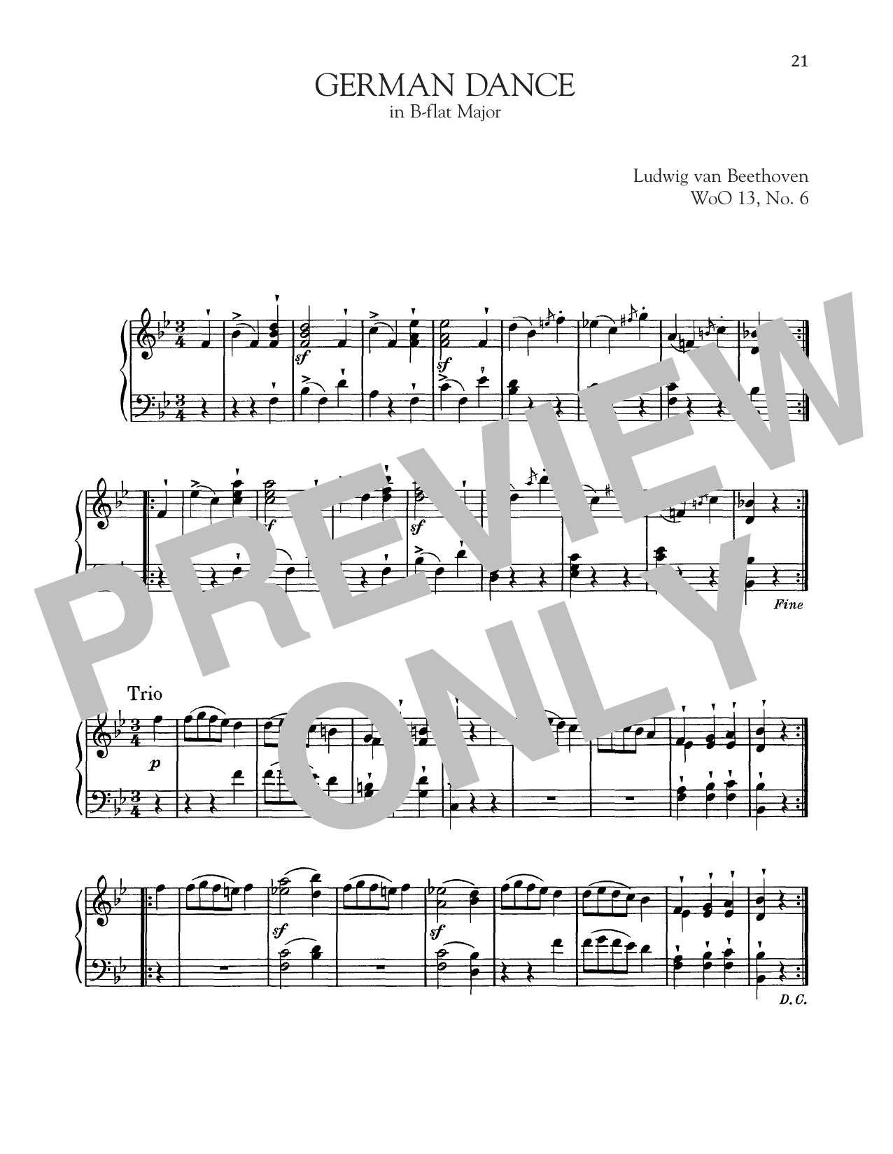 Ludwig van Beethoven German Dance In B-Flat Major, WoO 13, No. 6 sheet music notes and chords arranged for Piano Solo