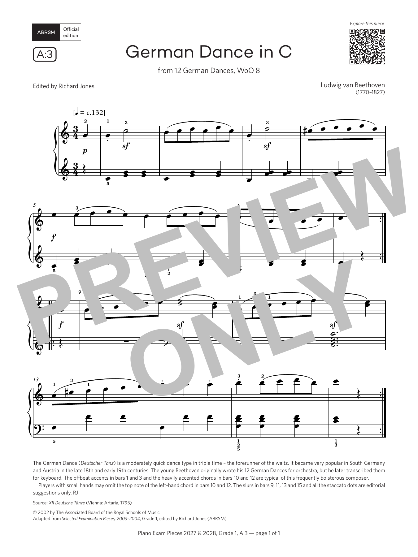 Ludwig Van Beethoven German Dance in C (Grade 1, list A3, from the ABRSM Piano Syllabus 2027 & 2028) sheet music notes and chords arranged for Piano Solo