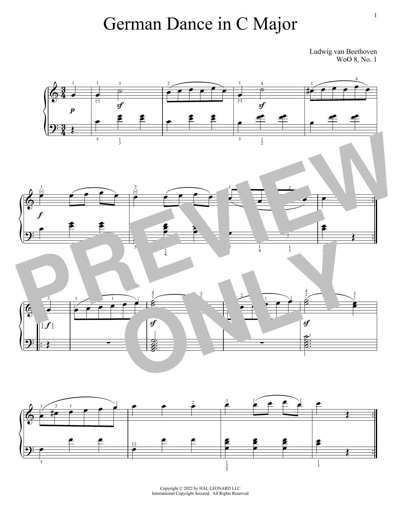 Ludwig van Beethoven German Dance In C Major, WoO 8, No. 1 sheet music notes and chords arranged for Piano Solo