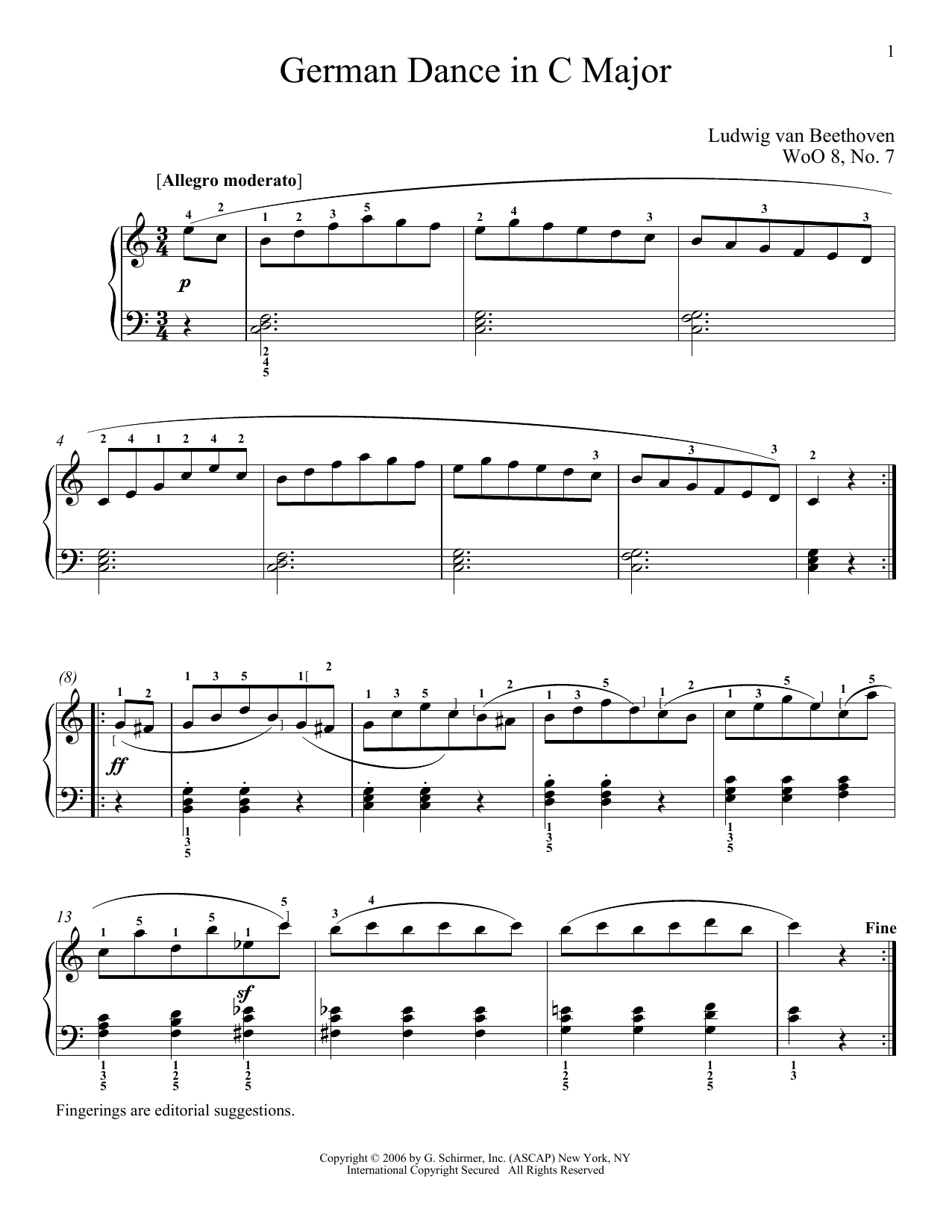 Ludwig van Beethoven German Dance In C Major, WoO 8, No. 7 sheet music notes and chords arranged for Piano Solo