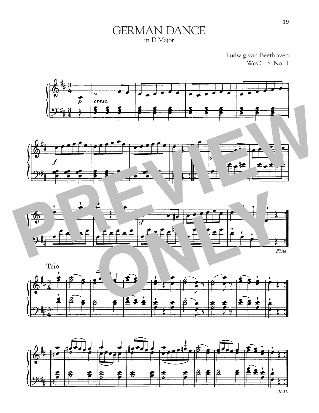 Ludwig van Beethoven German Dance In D Major, WoO 13, No. 1 sheet music notes and chords arranged for Piano Solo