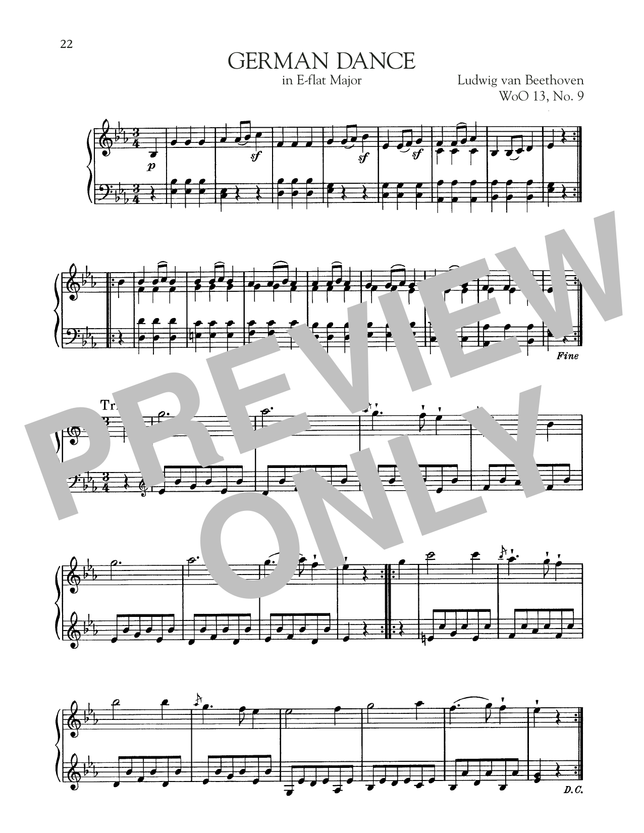 Ludwig van Beethoven German Dance In E-Flat Major, WoO 13, No. 9 sheet music notes and chords arranged for Piano Solo