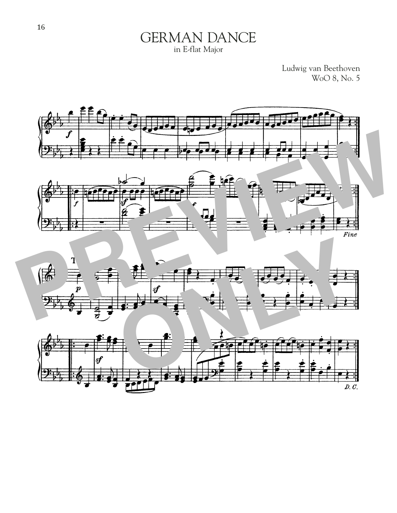 Ludwig van Beethoven German Dance In E-Flat Major, WoO 8, No. 5 sheet music notes and chords arranged for Piano Solo