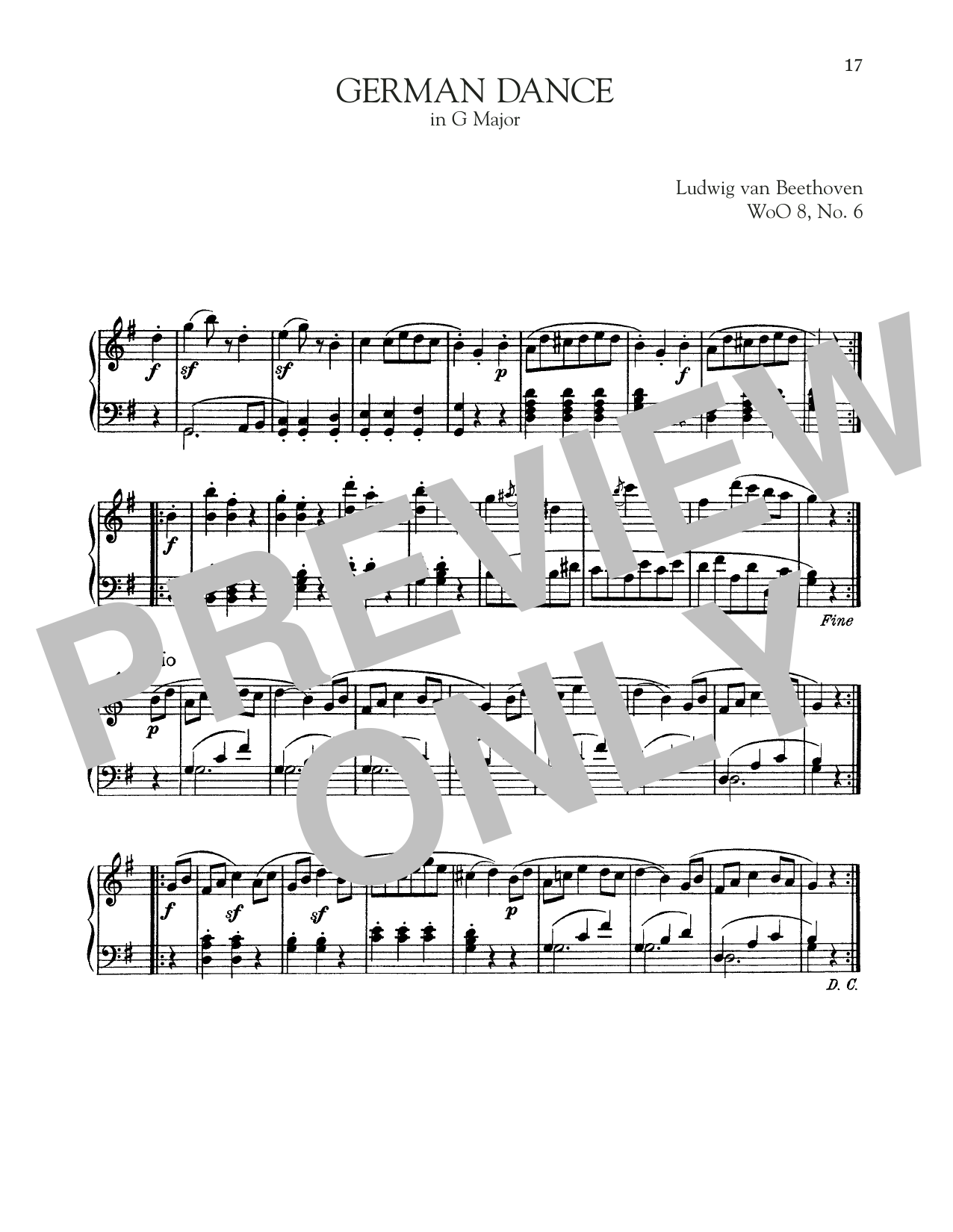 Ludwig van Beethoven German Dance In G Major, WoO 8, No. 6 sheet music notes and chords arranged for Piano Solo