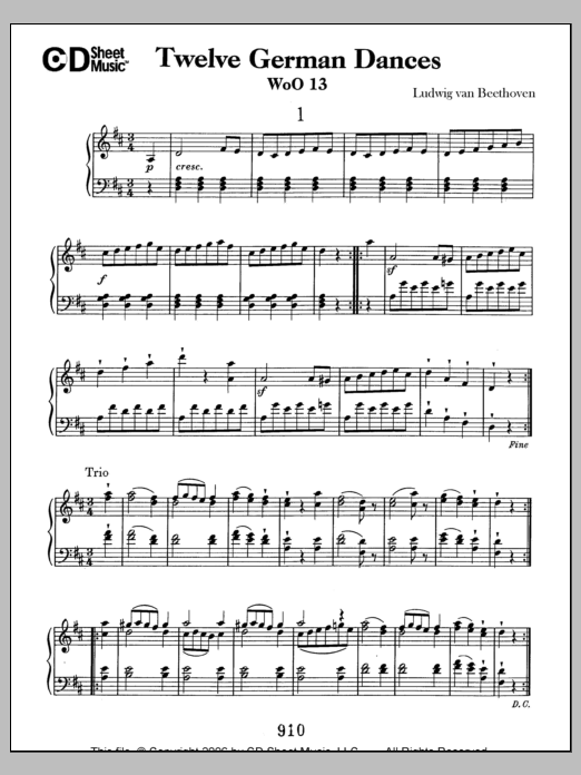 Ludwig van Beethoven German Dances (12), Woo 13 sheet music notes and chords arranged for Piano Solo