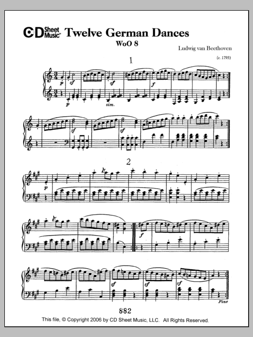 Ludwig van Beethoven German Dances (12), Woo 8 sheet music notes and chords arranged for Piano Solo