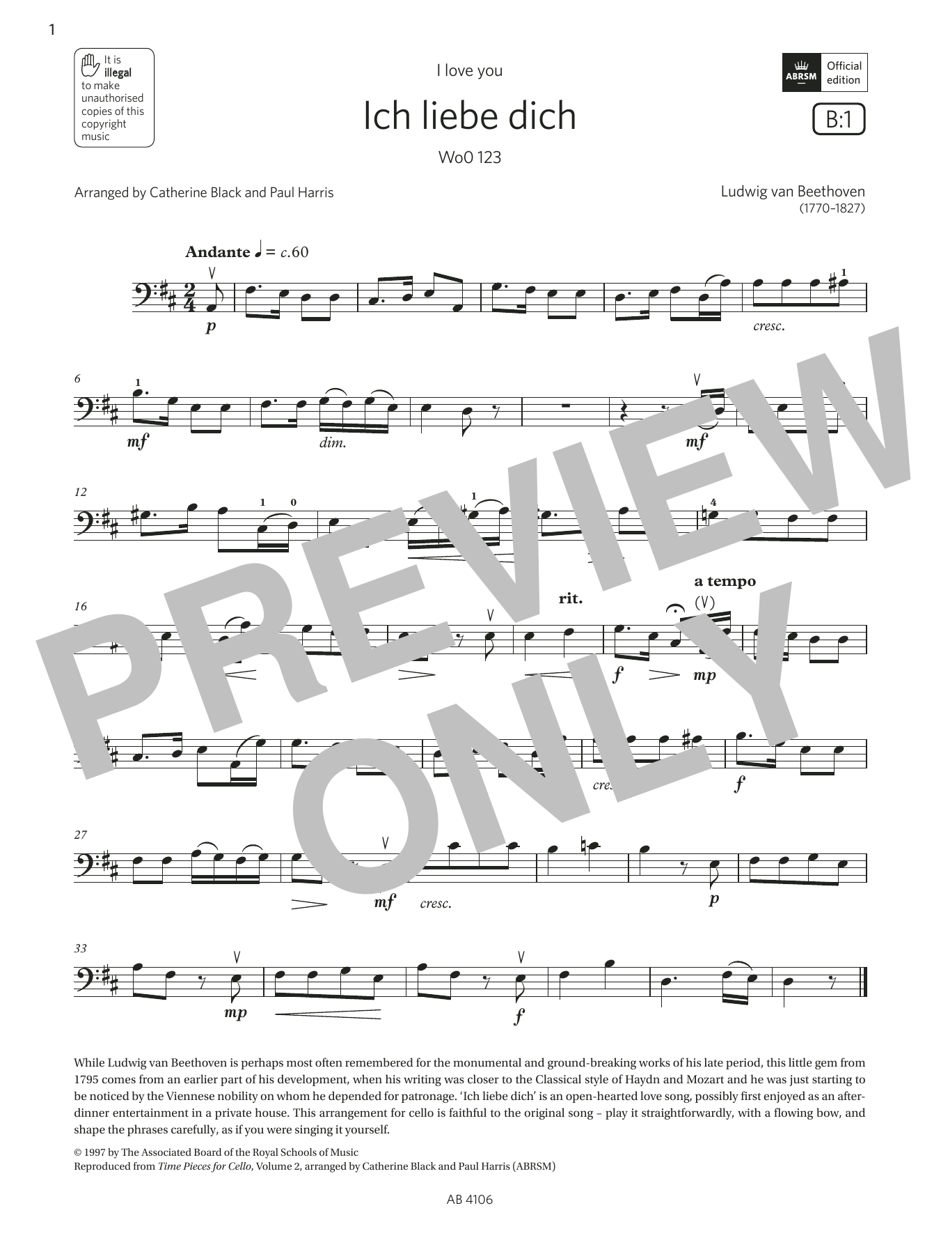 Ludwig van Beethoven Ich liebe dich (Grade 3, B1, from the ABRSM Cello Syllabus from 2024) sheet music notes and chords arranged for Cello Solo
