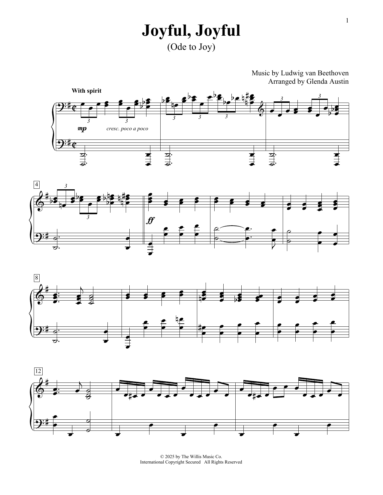 Ludwig Van Beethoven Joyful, Joyful (Ode To Joy) (arr. Glenda Austin) sheet music notes and chords arranged for Educational Piano
