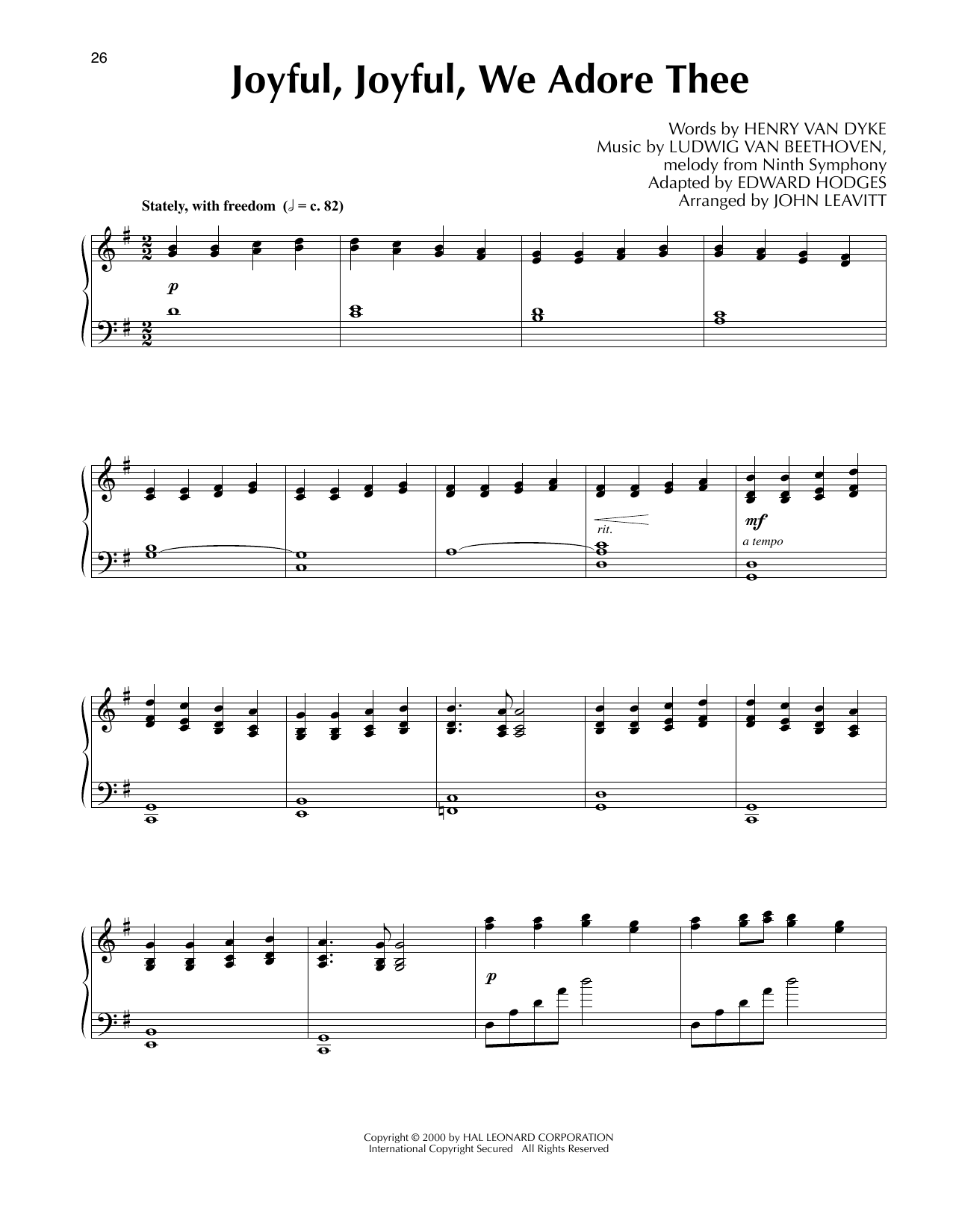 Ludwig van Beethoven Joyful, Joyful, We Adore Thee (arr. John Leavitt) sheet music notes and chords arranged for Piano Solo