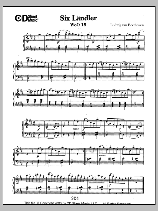 Ludwig van Beethoven Landler (6), Woo 15 sheet music notes and chords arranged for Piano Solo