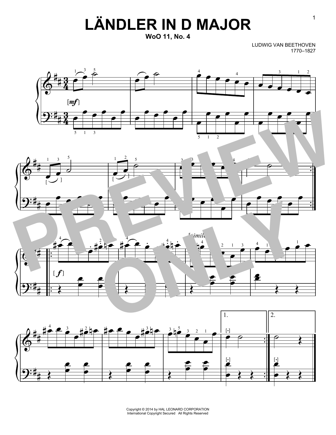 Ludwig van Beethoven Landler sheet music notes and chords arranged for Easy Piano