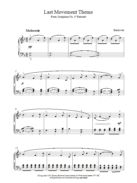 Ludwig van Beethoven Last Movement Theme From Symphony No.6 Pastoral sheet music notes and chords arranged for Piano Solo