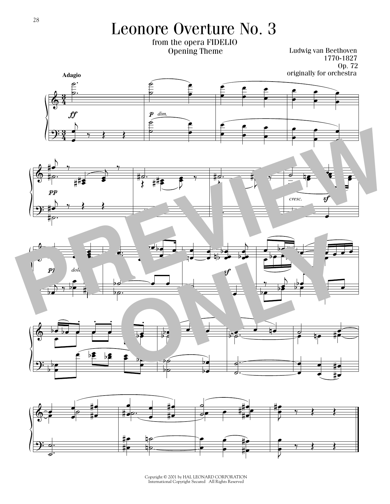 Ludwig van Beethoven Leonore Overture No. 3 sheet music notes and chords arranged for Piano Solo