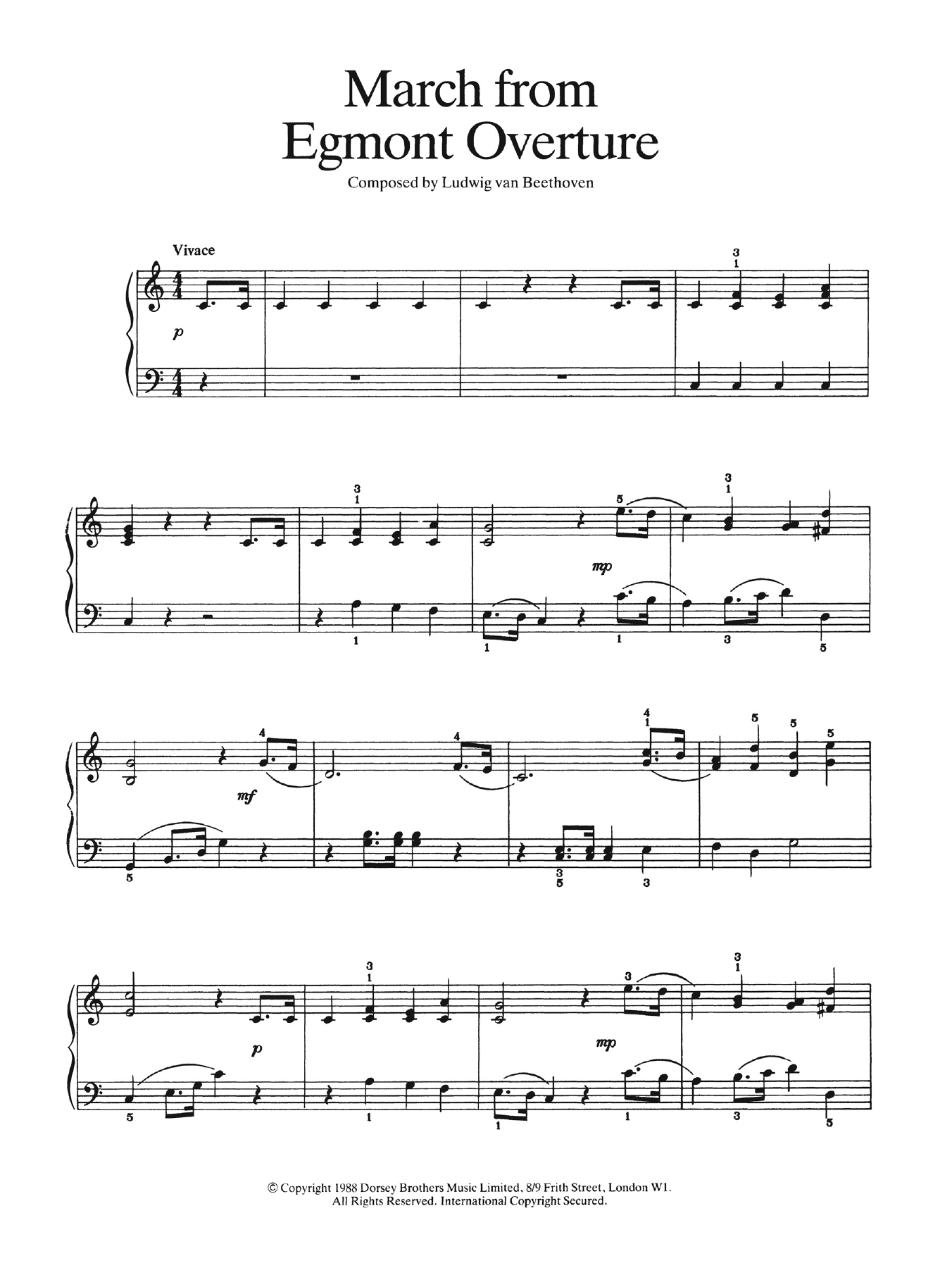 Ludwig van Beethoven March from Egmont Overture sheet music notes and chords arranged for Easy Piano