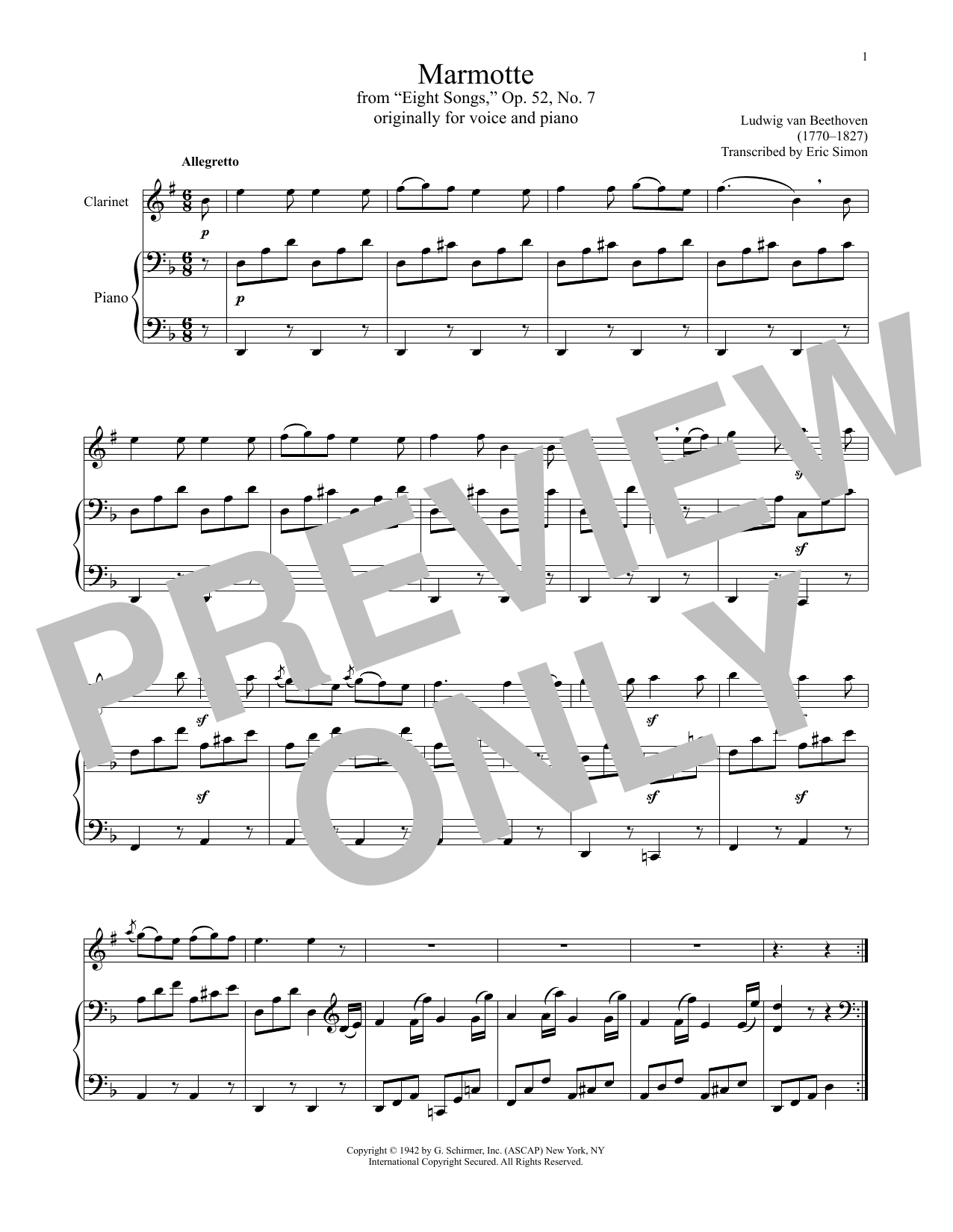 Ludwig van Beethoven Marmotte, Op. 52, No. 7 sheet music notes and chords arranged for Clarinet and Piano