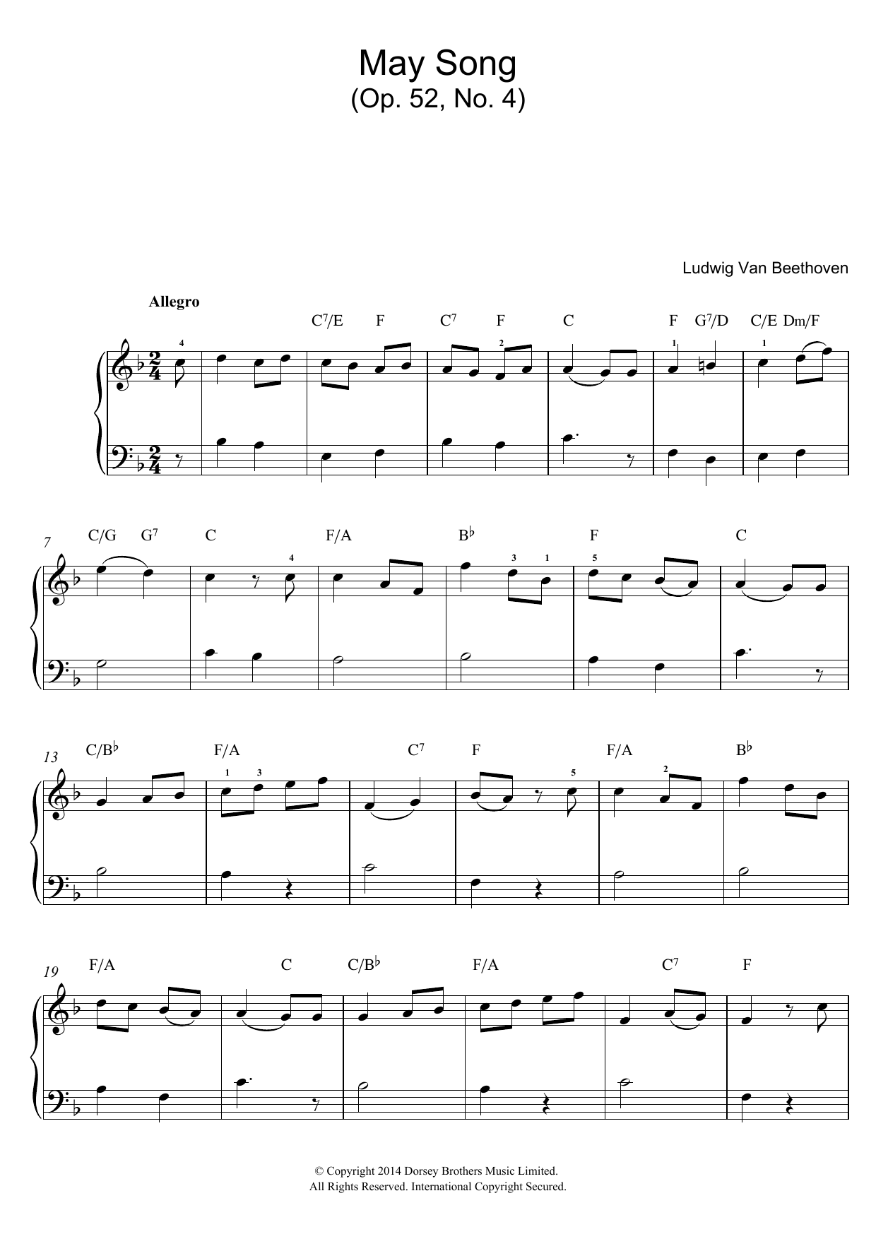 Ludwig van Beethoven May Song Op.52, No.4 sheet music notes and chords arranged for Easy Piano