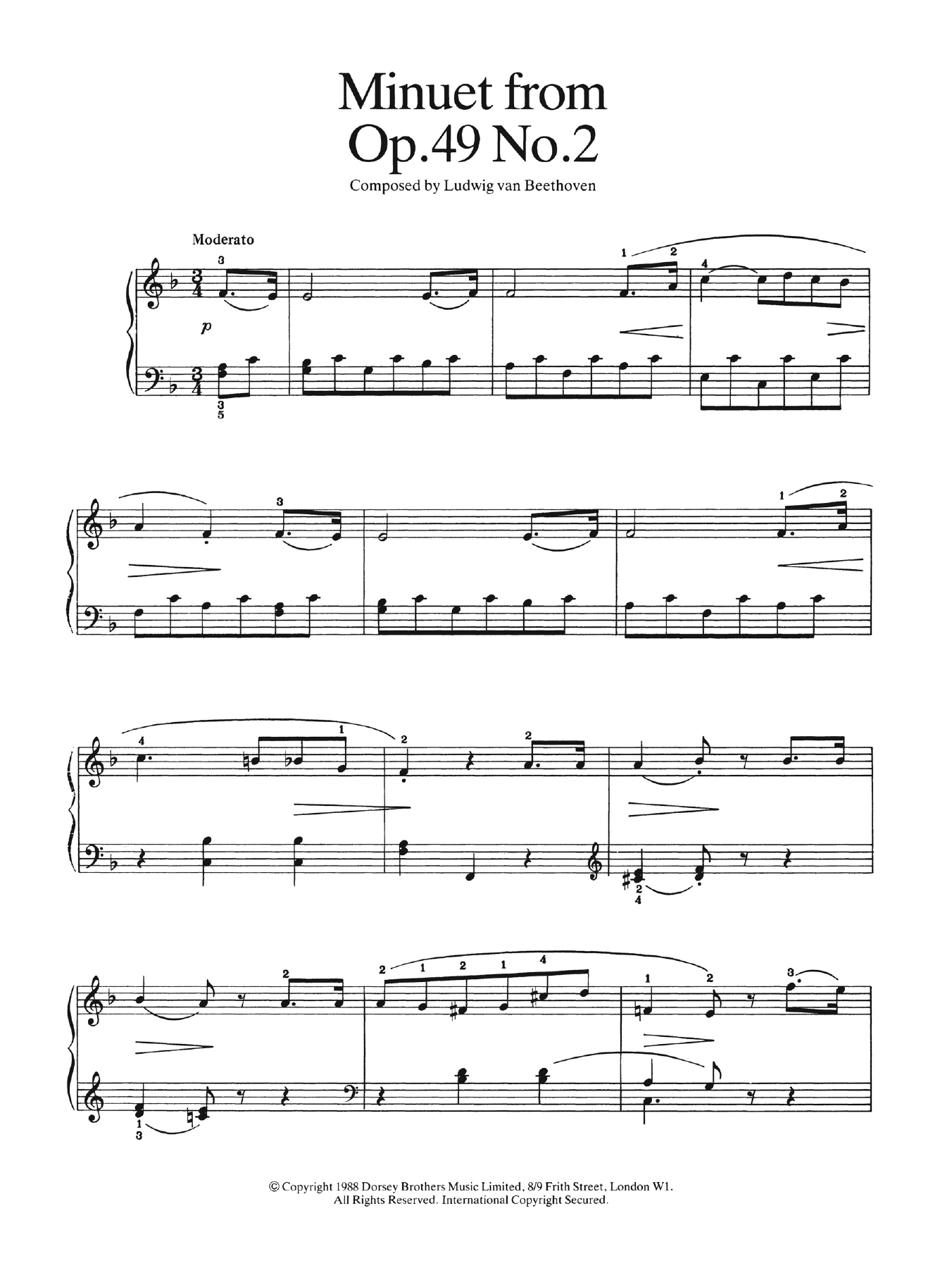 Ludwig van Beethoven Minuet from Op. 49, No.2 sheet music notes and chords arranged for Easy Piano