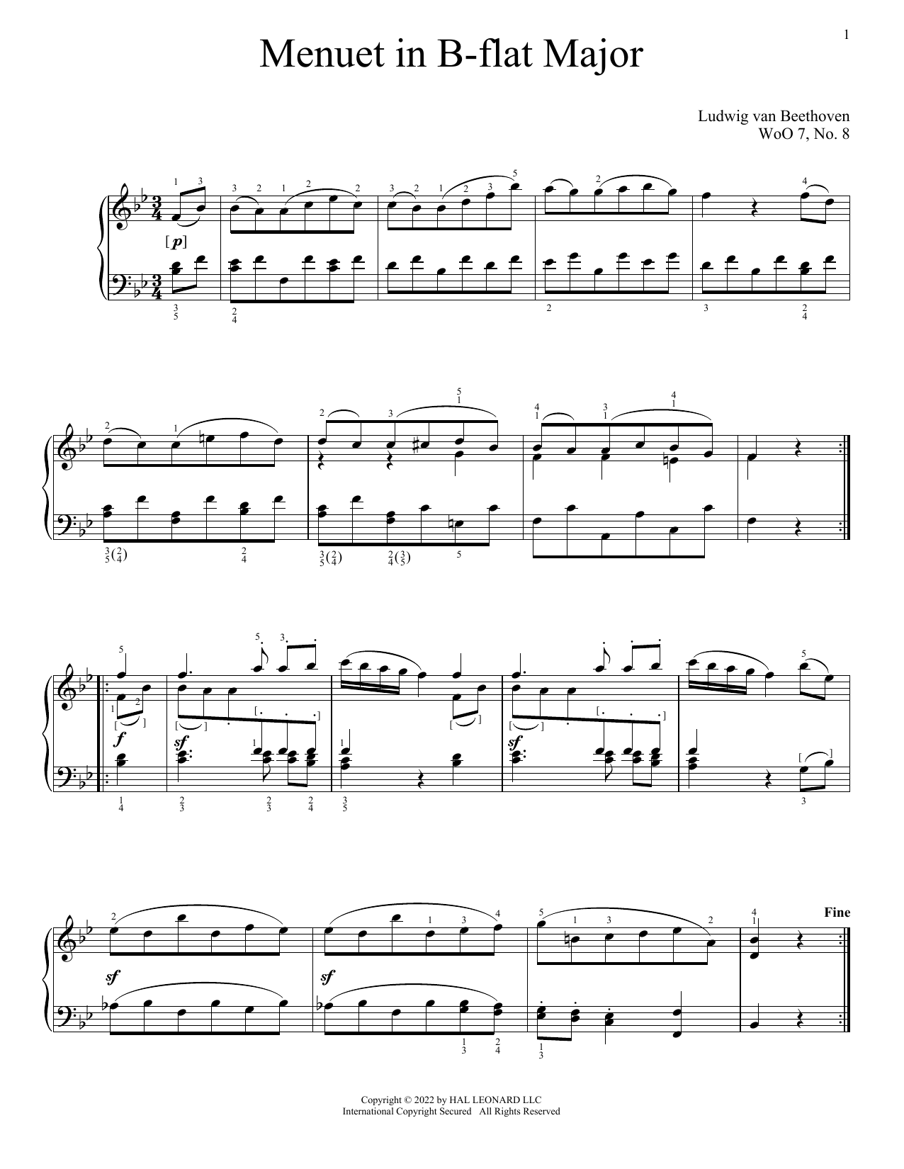 Ludwig van Beethoven Minuet In B-Flat, WoO 7, No. 8 sheet music notes and chords arranged for Piano Solo