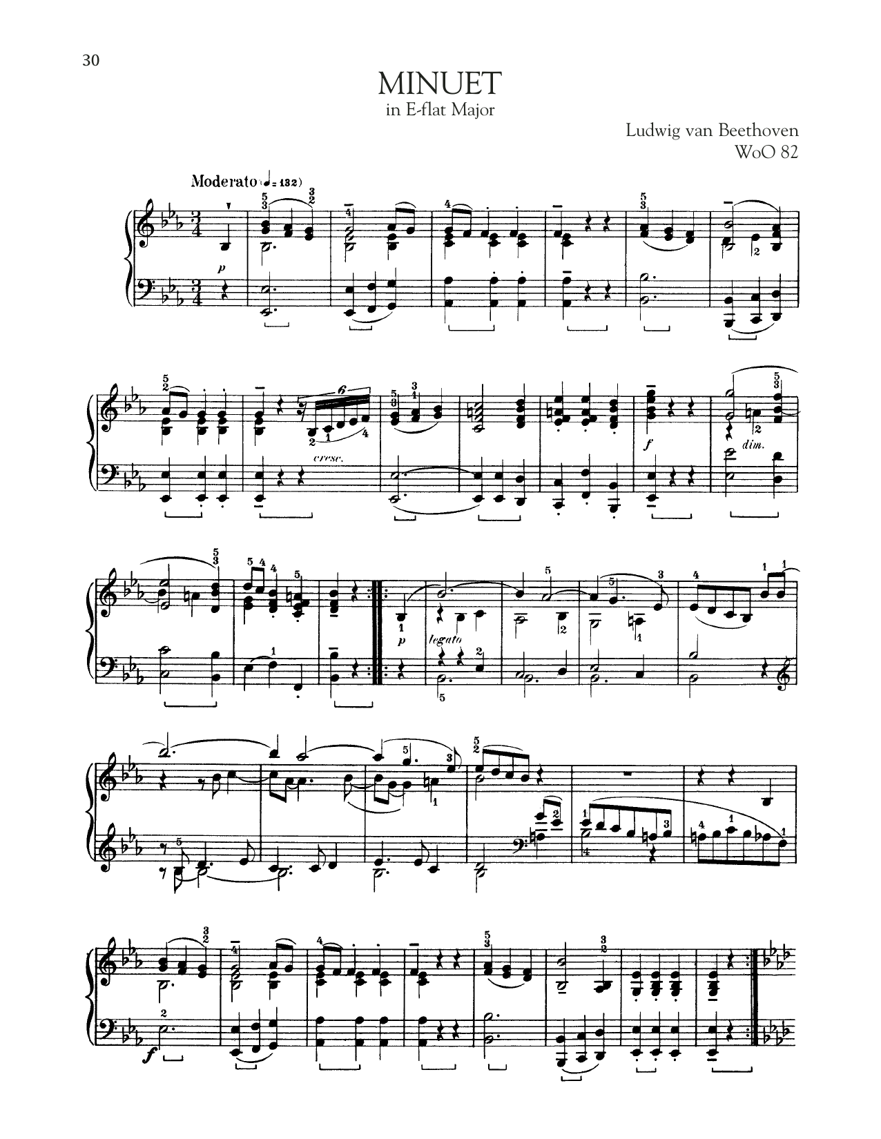 Ludwig van Beethoven Minuet In E-Flat, WoO 82 sheet music notes and chords arranged for Piano Solo
